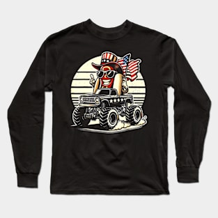 HotDog Riding Monster Truck 4th Of July USA Flag Cute Hotdog Long Sleeve T-Shirt